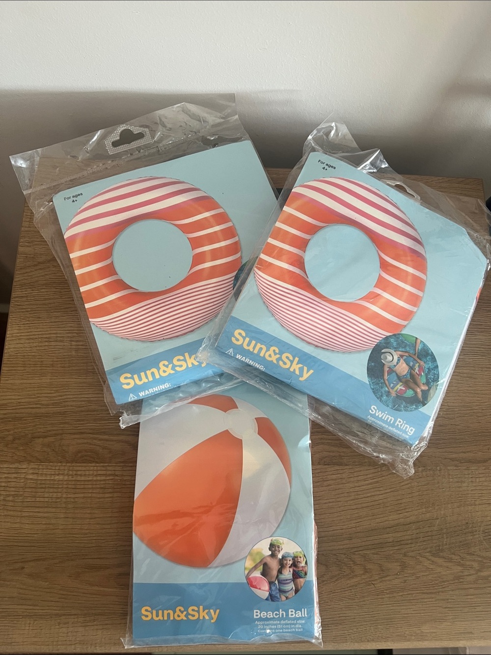 3 piece set Sun&Sky Orange and White Inflatable Swim Ring & Beach Ball Set